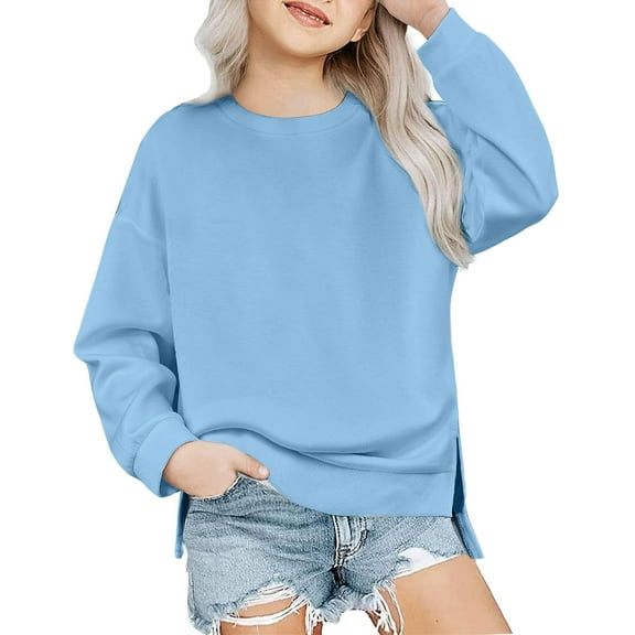 Arshiner Girls Crewneck Sweatshirt Long Sleeve Pullover Tops Drop Shoulder Sweatshirts Side Split Preppy Clothes For Girls 10-12 Navy Blue Crewneck Sweatshirt