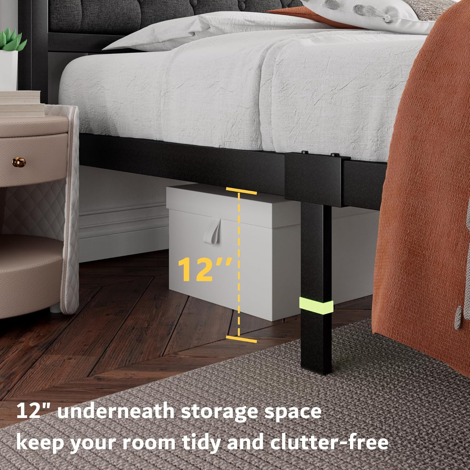 iPormis Full Size Metal Bed Frame with Linen Upholstered Headboard, 12'' Underbed Space, Thickened Metal Steel Slat Support, No Noise Free,Grey