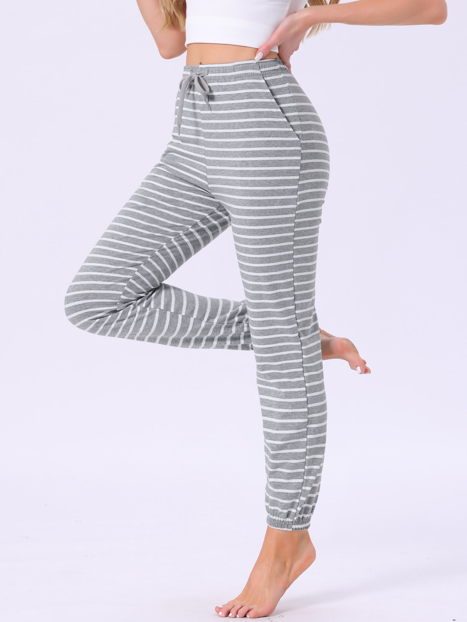 DARING DIVA Women's Drawstring Elastic Waist Cotton Pajama Pants M Grey Stripe