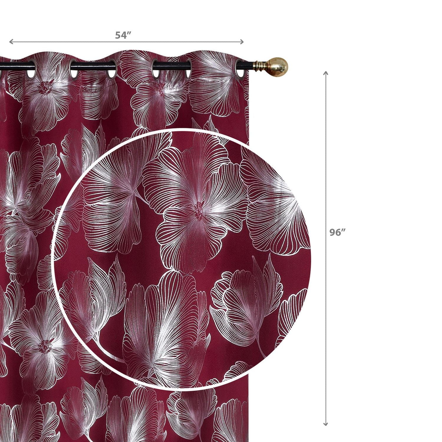 IH Casa Decor Foil Print Pannel W 8 Grom Hibiscus Burgundy 96" - Ensemble De 2