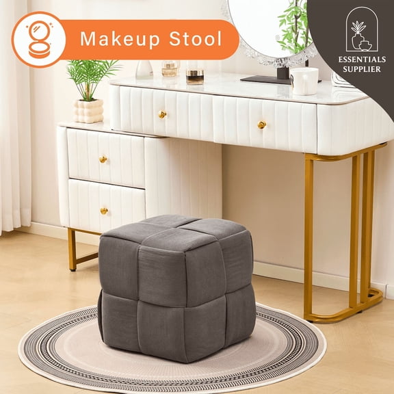 Grey Corduroy Ottoman Vanity Stool – Square Footrest for Bedroom & Entryway