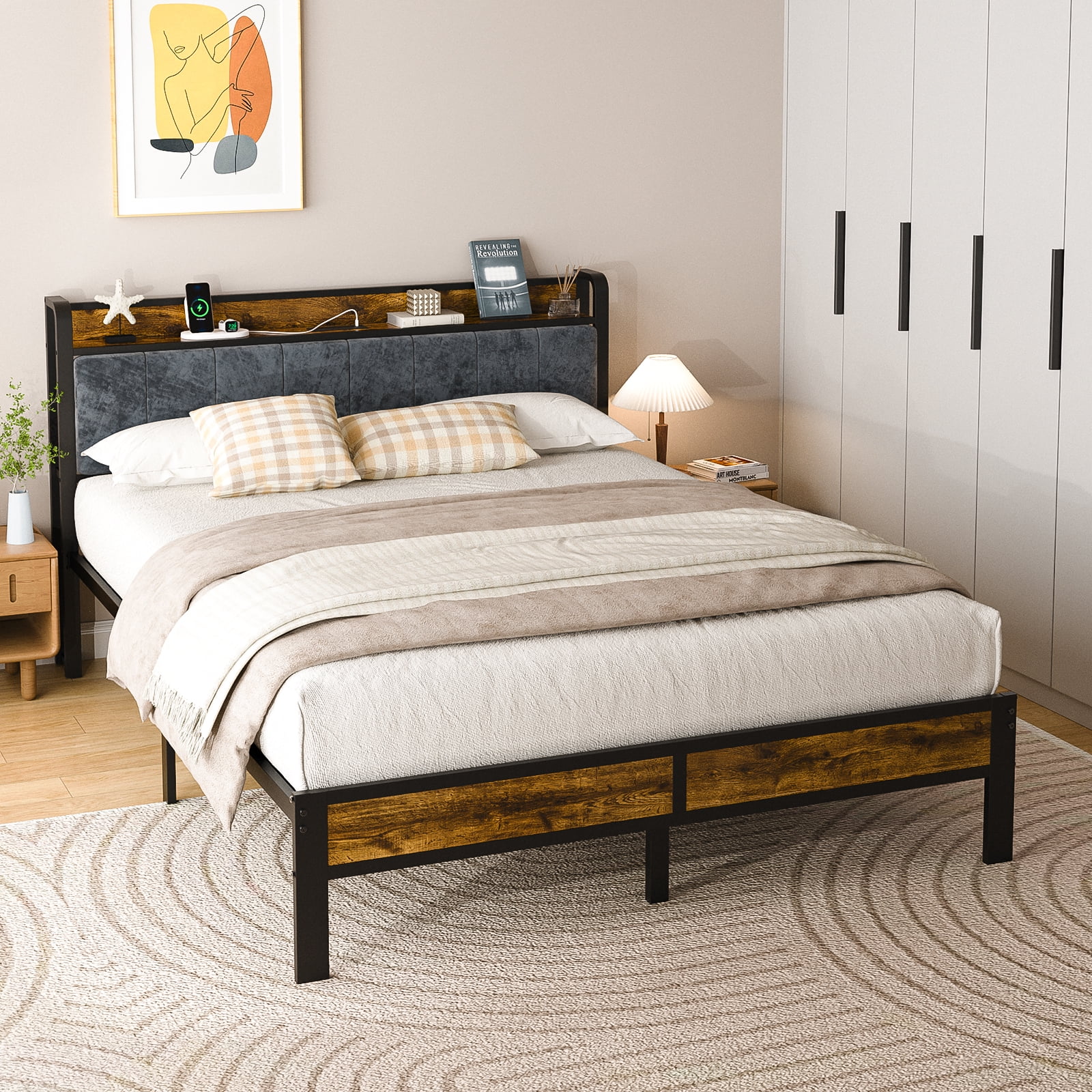 Dayago Queen Size Bed Frame with Storage Headboard and Adjustable LED Light, USB and Type-C Port, Heavy Duty Metal Platform Bed Frame with Under Bed Storage, No Box Spring Needed