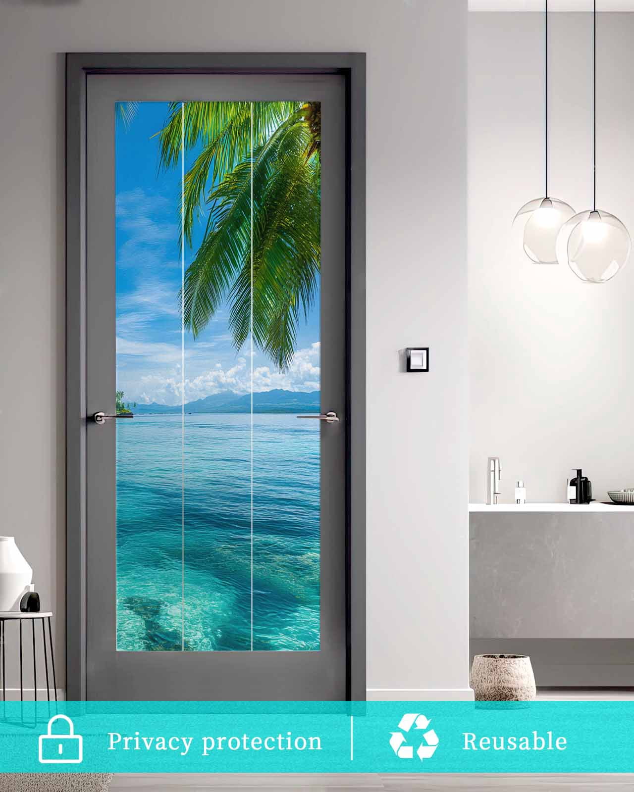 Window Privacy Film Ocean Stained Glass Window Film Decorative Sun Block Window Cover Blue Sky Palm Tree Beach Scenery Forest Shore Window Clings Static Adhesive Sticker for Bathroom 35.4"x78.7"