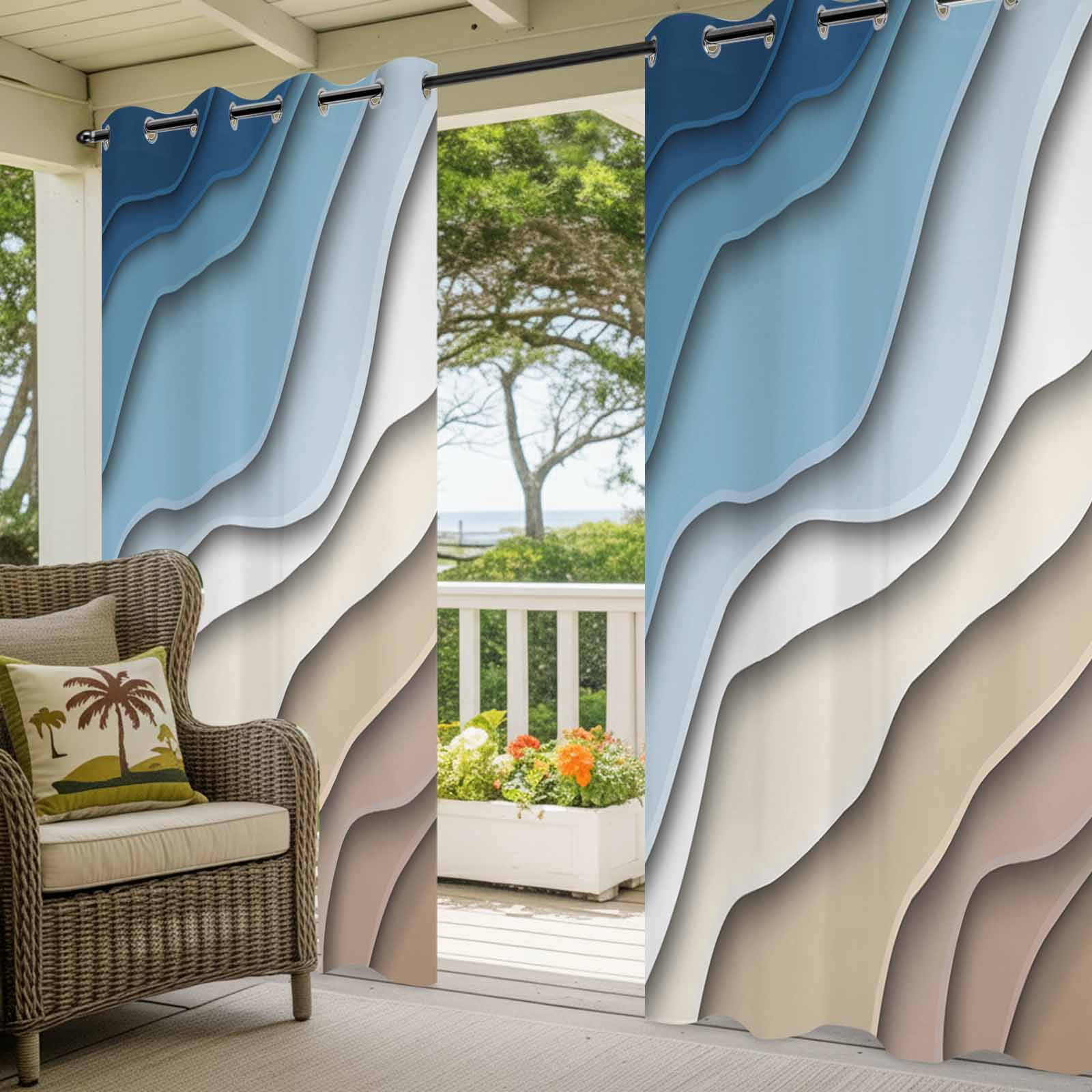 Outdoor Curtains for Patio Waterproof, Navy Blue Brown Ombre Windproof Pravicy Outside Porch Blackout Curtain, Modern Geometric Abstract Cream Sun Blocking Grommets Curtains for Cabana 54"x108"