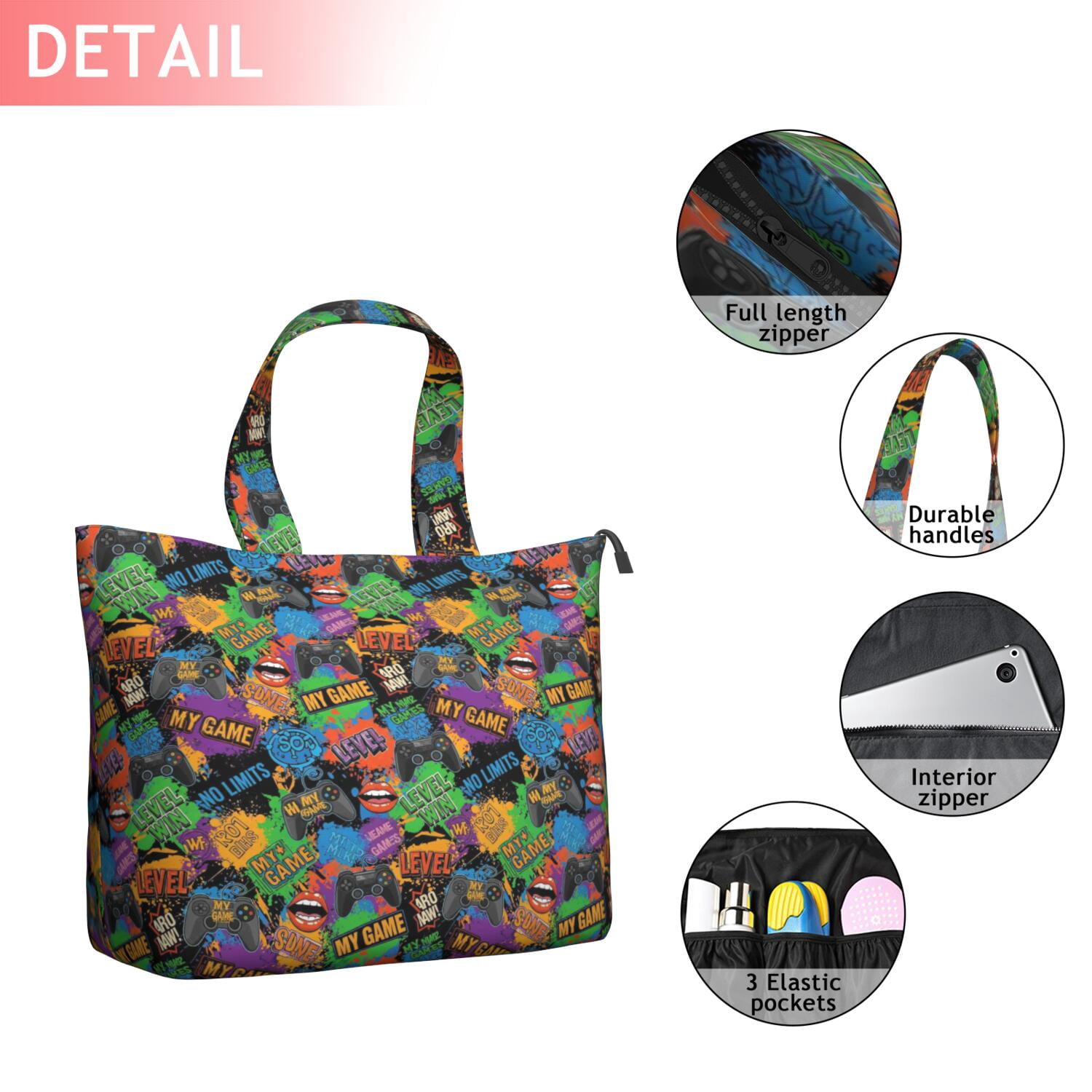 Colorful Games Graffiti Black Pattern Travel Tote Bags for Women Carry On,Large Weekender Bags for Women Travel,Multi Functional Duffle Bag for Work,Shopping,Sports