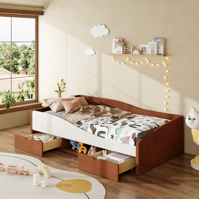 Twin Size Upholstered Daybed Frame, Low-Profile Storage Platform Bed with 2 Drawers and Open Compartment, Two-Tone Accent Kids Bed