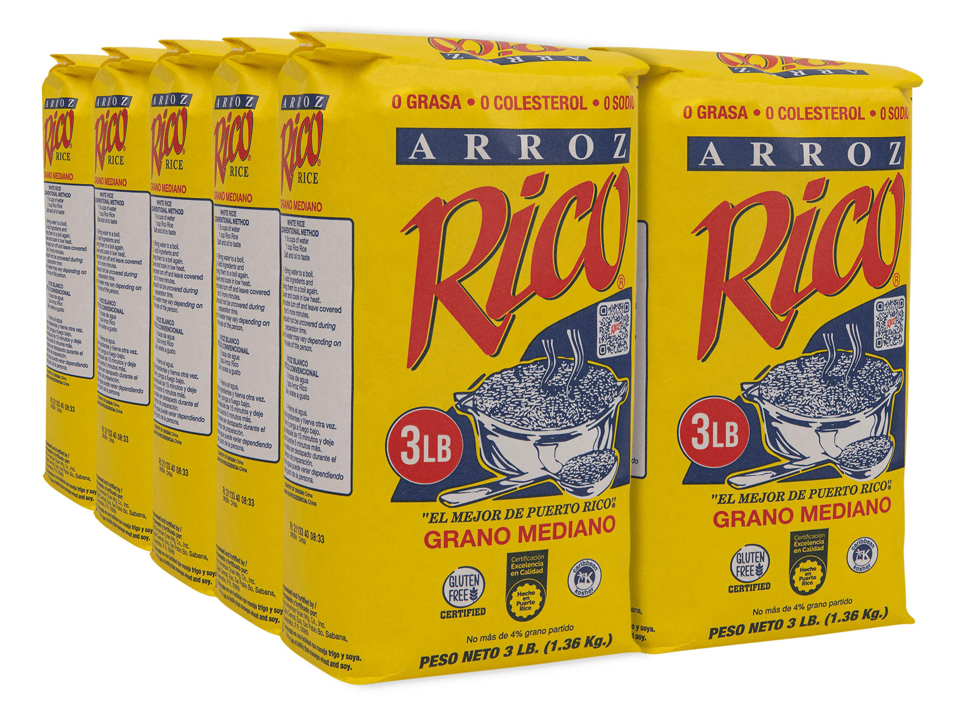 (5 pack) Rico Medium Grain White Rice, 3 Pounds, Gluten Free, No Allergens