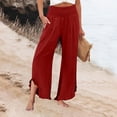 thumbnail image 2 of Women Linen Pants Summer Ruffle Wide Leg Palazzo Pants Dressy Smocked Waist Wide Leg Pant Boho Flowy Beach Pant Wine M, 2 of 7