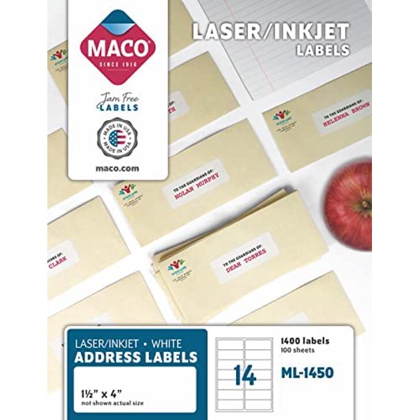MACO Laser/Ink Jet White Address Labels, 11/2" X 4", 14 Per Sheet