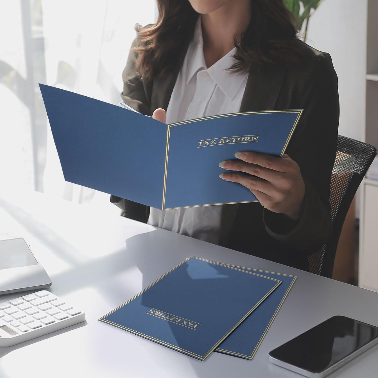75 Pcs Two Pocket Folders Tax Return Folders Letter Size Dark Blue with Gold Label for Storing Personal Customer Tax Returns