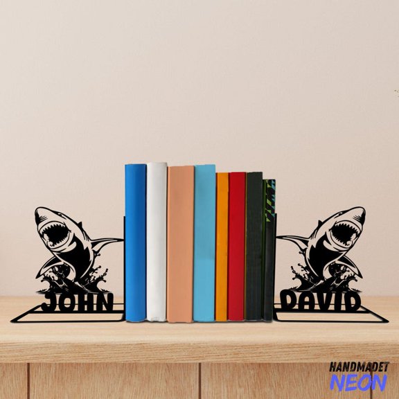 Handmadetneonsign White Shark Metal Bookends, Shark Name Bookend, Sea Animal Table Bookshelf Decor 80377