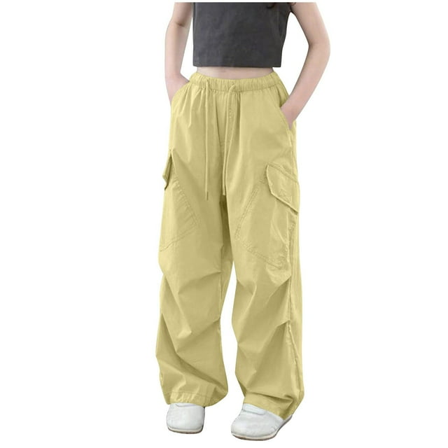 Dealovy Causal Cargo Pants for Kids Solid Color Loose Fitting Full Length Trousers Kids Elastic Waist Drawstring Pants with Pockets