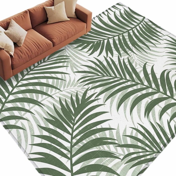 Forest Green Palm Leaves Washable Living Room Rugs 6'x9', Summer Botanical Tropical Plant Rustic Low Pile Throw Large Area Rug Non-Slip Sturdy Edge Binding Carpet for Dining Room Kitchen Office