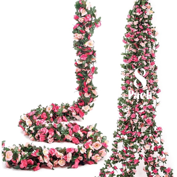 8 Pack 8.2FT Artificial Flower Garland, Fake Pink Roses Vines Silk Flowers Faux Plastic Outdoor Hanging Floral Ivy Garland Decorations for Wedding Party Home Wall Backdrop Room Decor