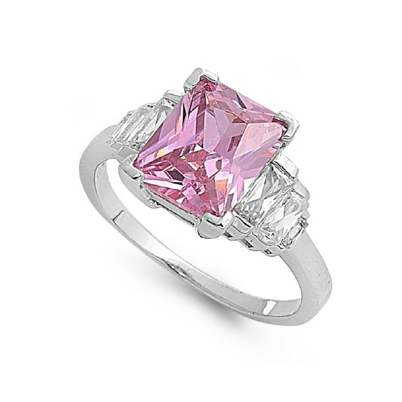Baguette Sided Rectangular Pink Cubic Zirconia Ring Sterling Silver 925