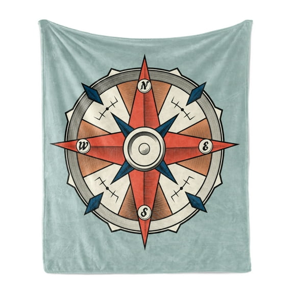 Compass Soft Flannel Fleece Throw Blanket, Compass Illustration Arrows Cartography Journey Path Always North, Cozy Plush for Indoor and Outdoor Use, 70" x 90", Pale Orange Turquoise, by Ambesonne