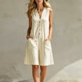 thumbnail image 4 of Women's Striped Sleeveless Romper V-Neck Button-Down Loose-Fit Casual Summer Jumpsuit with Pockets Beige M(M), 4 of 7