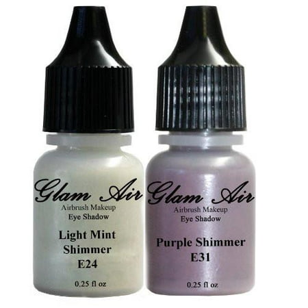 Set of Two (2) Shades of Glam Air Airbrush Eye Shadow Makeup E24 Light Mint Shimmer and E31 Purple Shimmer Water-based Formula Last All Day (For All Skin Types) 0.25oz