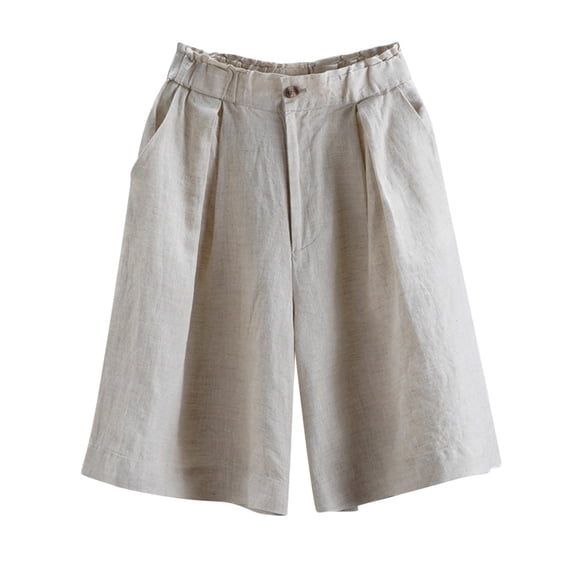 QATAINLAV Linen Bermuda Shorts for Women Women Bermuda Shorts Cotton Linen Knee Length Wide Leg Short 2026 Beach Solid Color Shorts with Pockets Beige M