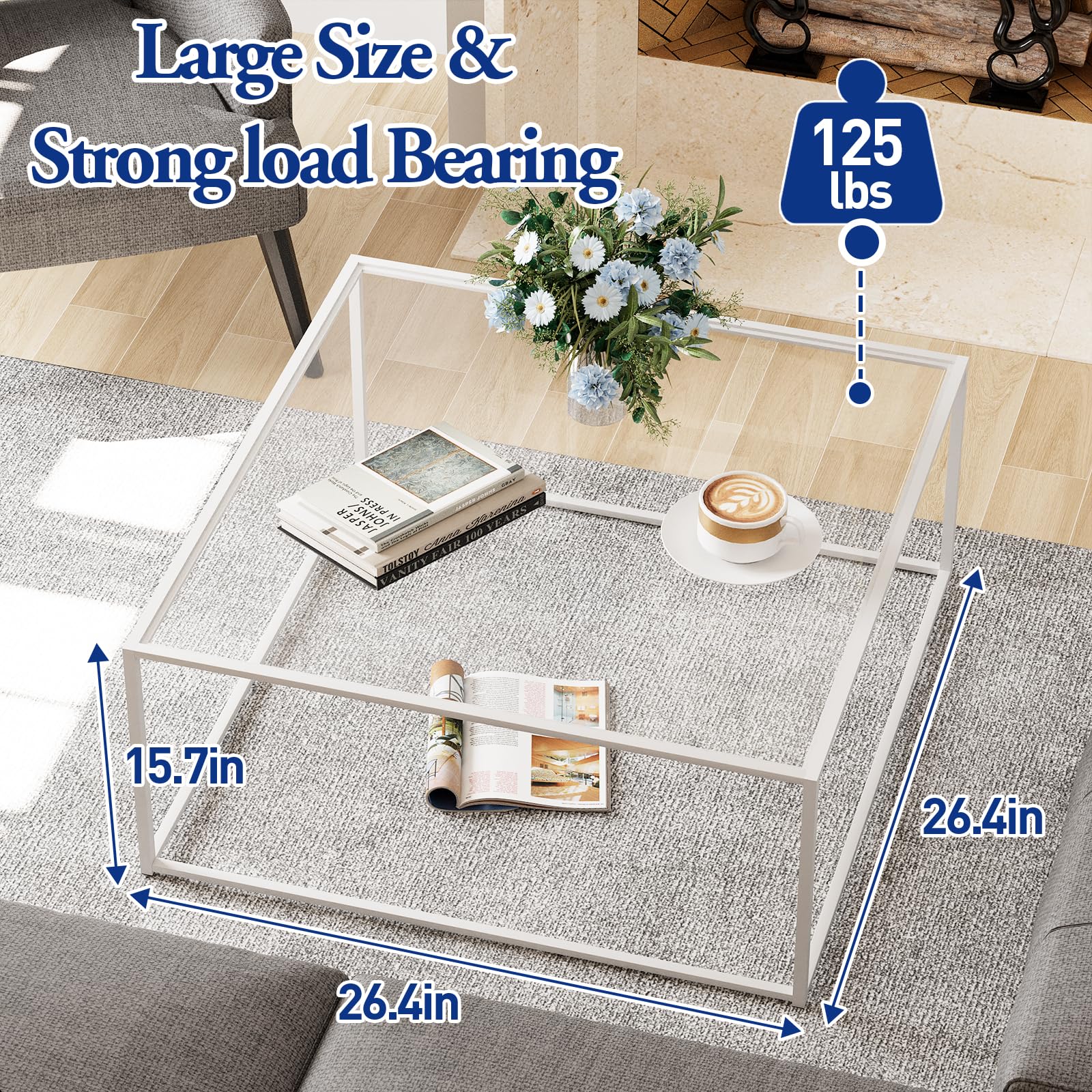 ​​​​​​​​​​​​Glass Coffee Table Square Coffee Table for Small Space,Modern Minimalist Center Table for Living Room Home Office,Tempered Glass-top with Sturdy Metal Frame,Easy Assembly,27 x 27In, White