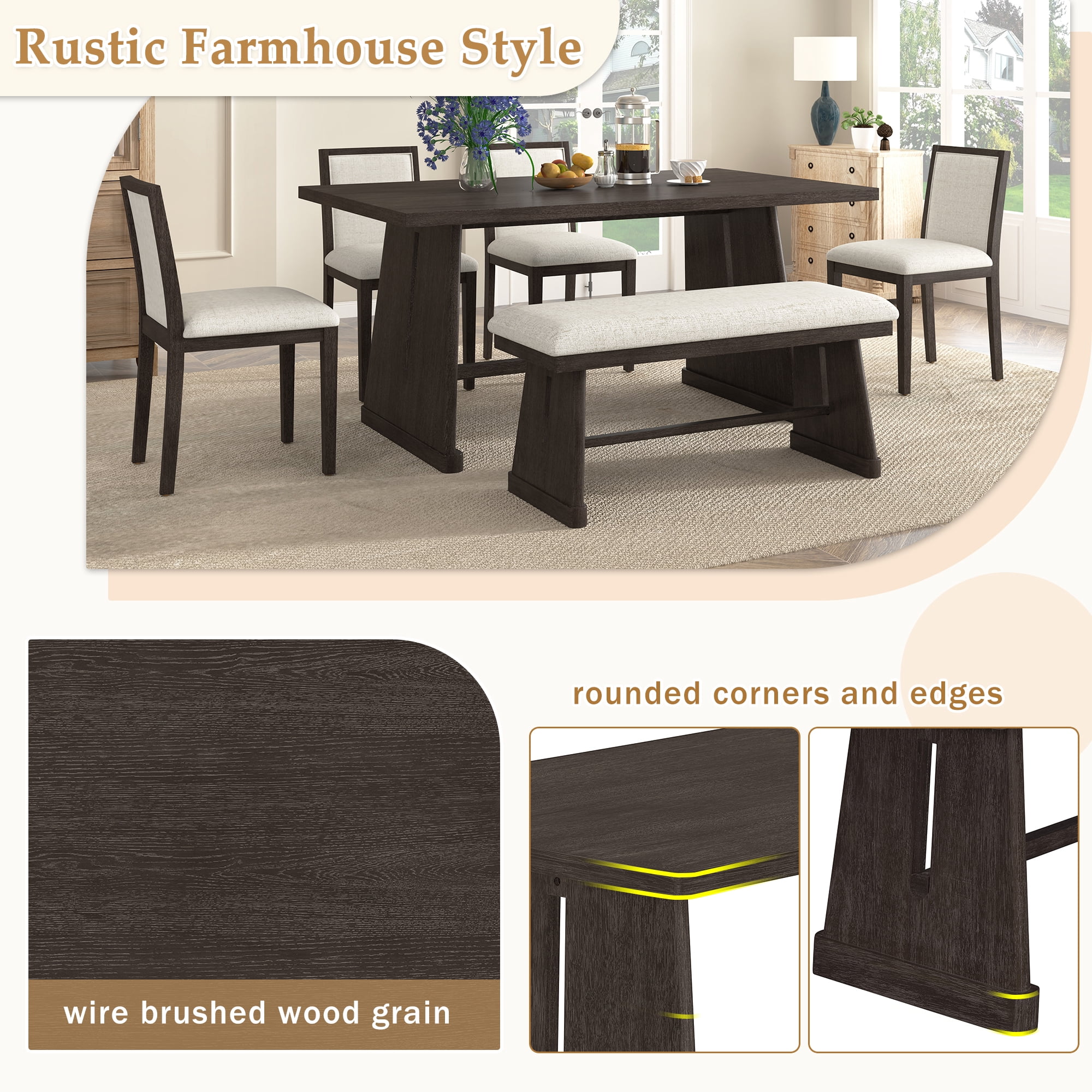 Euroco 6-Piece Farmhouse Dining Table Set for 6, 59.8" Rectangular Dining Table with 4 Upholstered Chairs & 1 Bench,Solid Wood Dining Furniture Set for Kitchen,Espresso