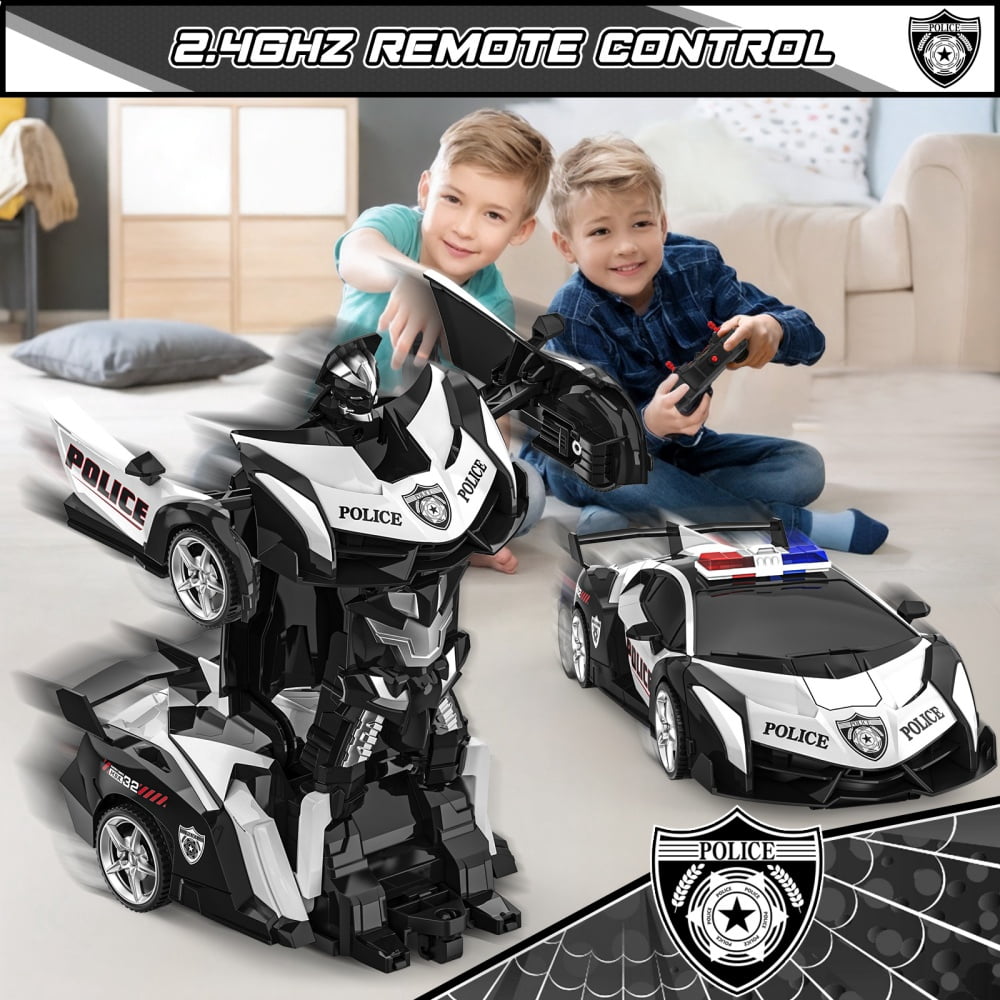 Wupuaait 2.4Ghz Transform Rc Cars 1:18 Scale Remote Control Car Transforming Robot, One-Button Deformation 360° Rotation Car Toy Gifts for Boys 3-12, Police