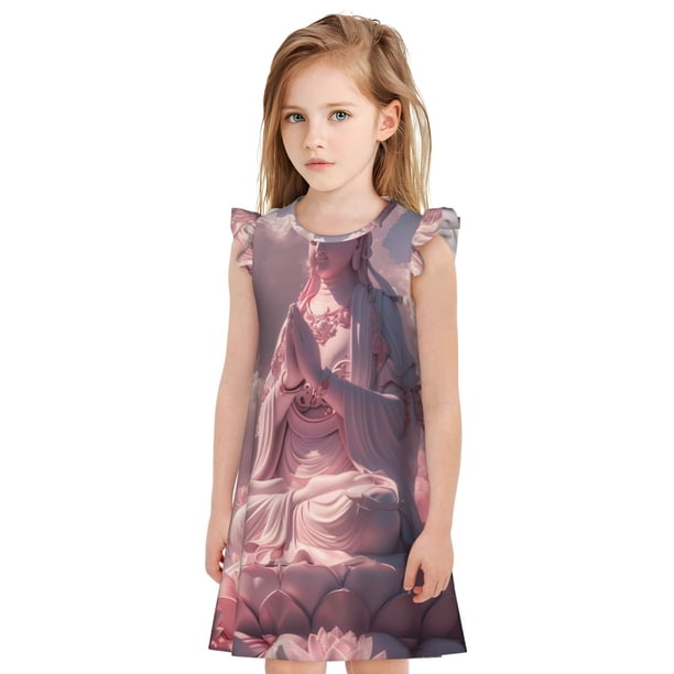 Fotbe Pink Lotus Buddha Vestido de Dormir para Niñas de 3 a 10 Años, Mangas Cortas, Estilo Princesa, Pijama Camisón con Mangas Voladas-Large