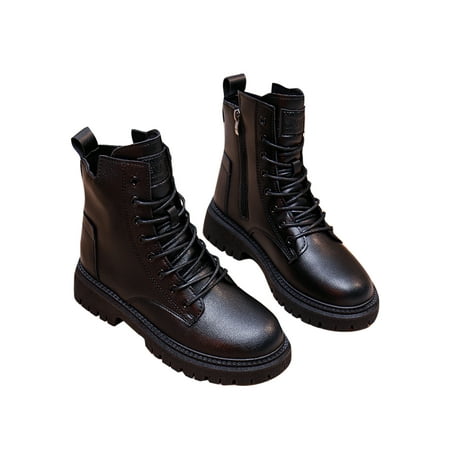 

Daeful Womens Non-Slip Mid Top Short Booties Outdoor Casual Walking Comfort Waterproof Zipper Round Toe Ankle Boots Combat Boot Shoes Black 4.5