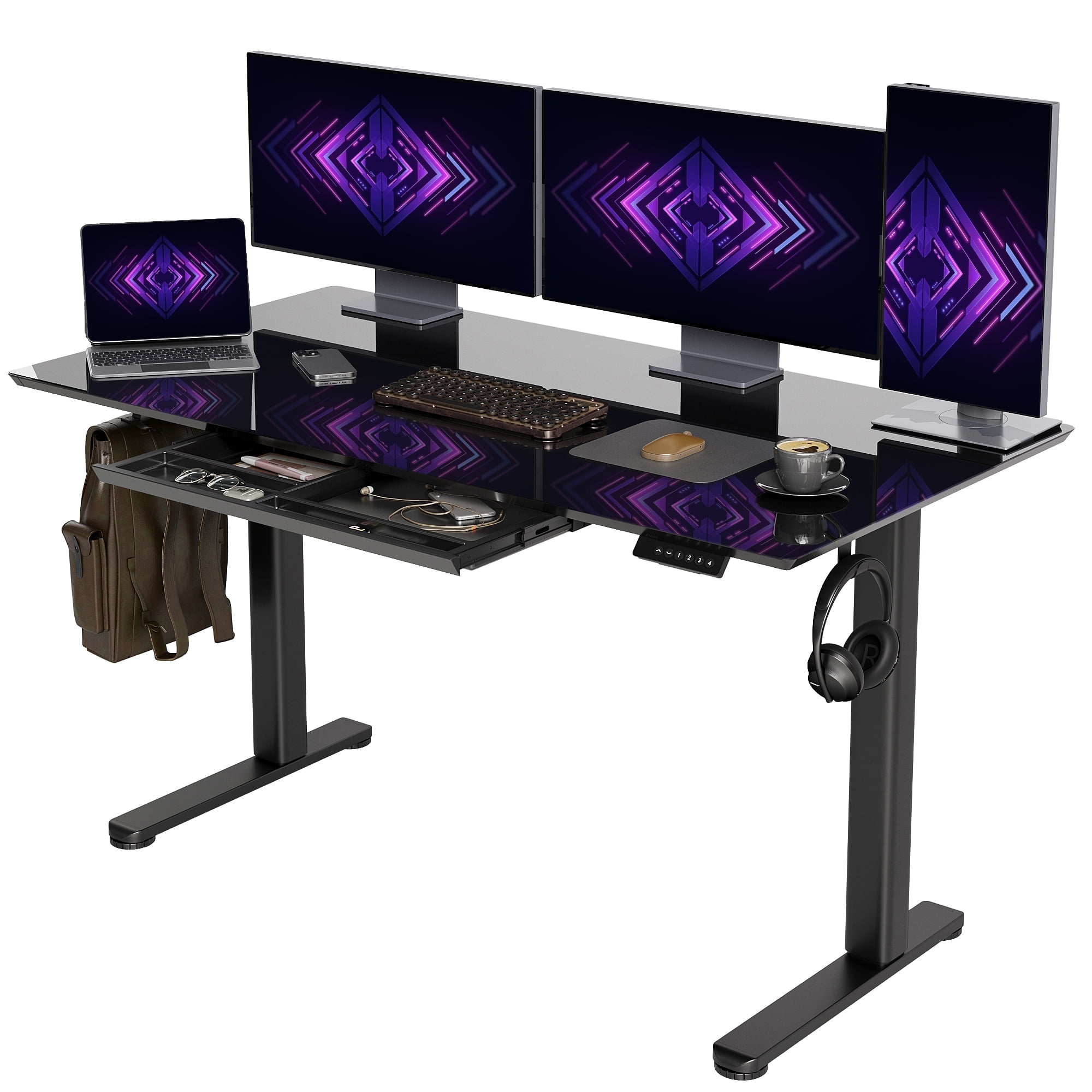 INNOVAR Glass Standing Desk with 1 Drawer, 48 × 24 inch Adjustable Stand up Office Desk, Electric Writable Glass Top Home Study Sit to Stand Computer Desk, Black