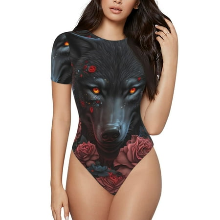 Rocae Rose Full Moon Black Wolf for One Piece Round Neck Short Sleeve Bodysuits for Women Casual Basic Bodysuit Daily Jumpsuit T Shirts-XX-Large