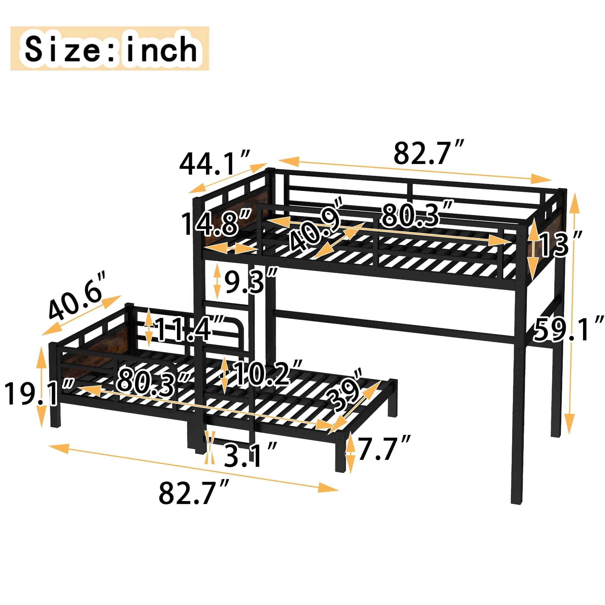 Leumius Twin XL Over Twin XL Metal Bunk Bed with Guardrails, Noise-free & Under-Bed Storage,Metal Loft Bed and Metal Platform Beds,Black