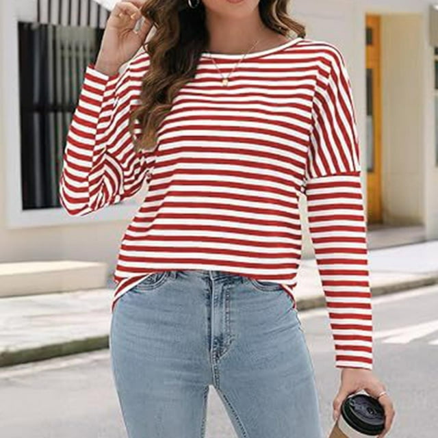 iTNHFP T-Shirt pour Femmes T-Shirt Basique Femmes Manches Longues Hauts Décontractés Col Rond T-Shirts Rayés Blouses Tendance 2024