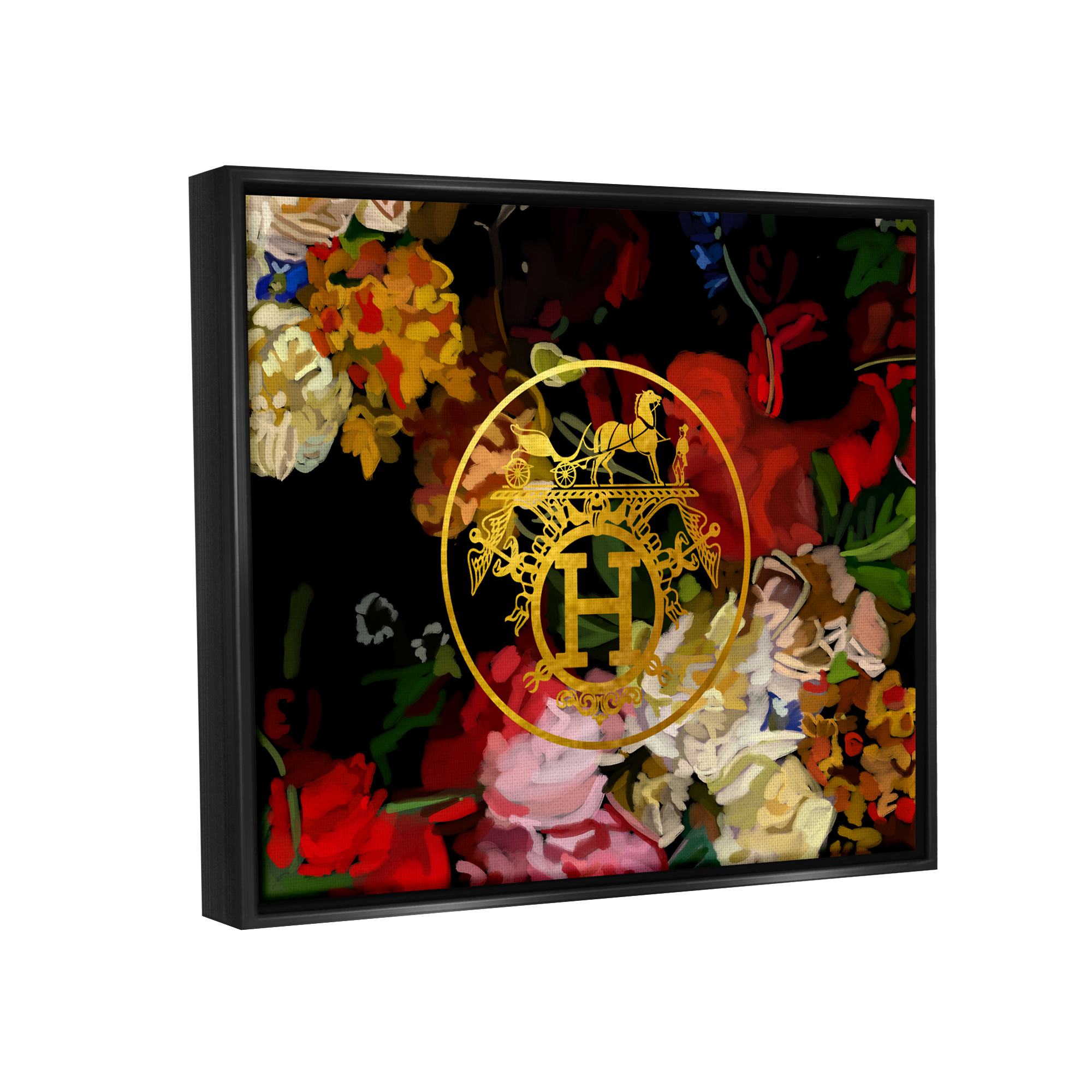 Stupell Industries Glam Emblem Flowers Botanical & Floral Painting Black Floater Framed Canvas Art Print Wall Art, 31 x 25