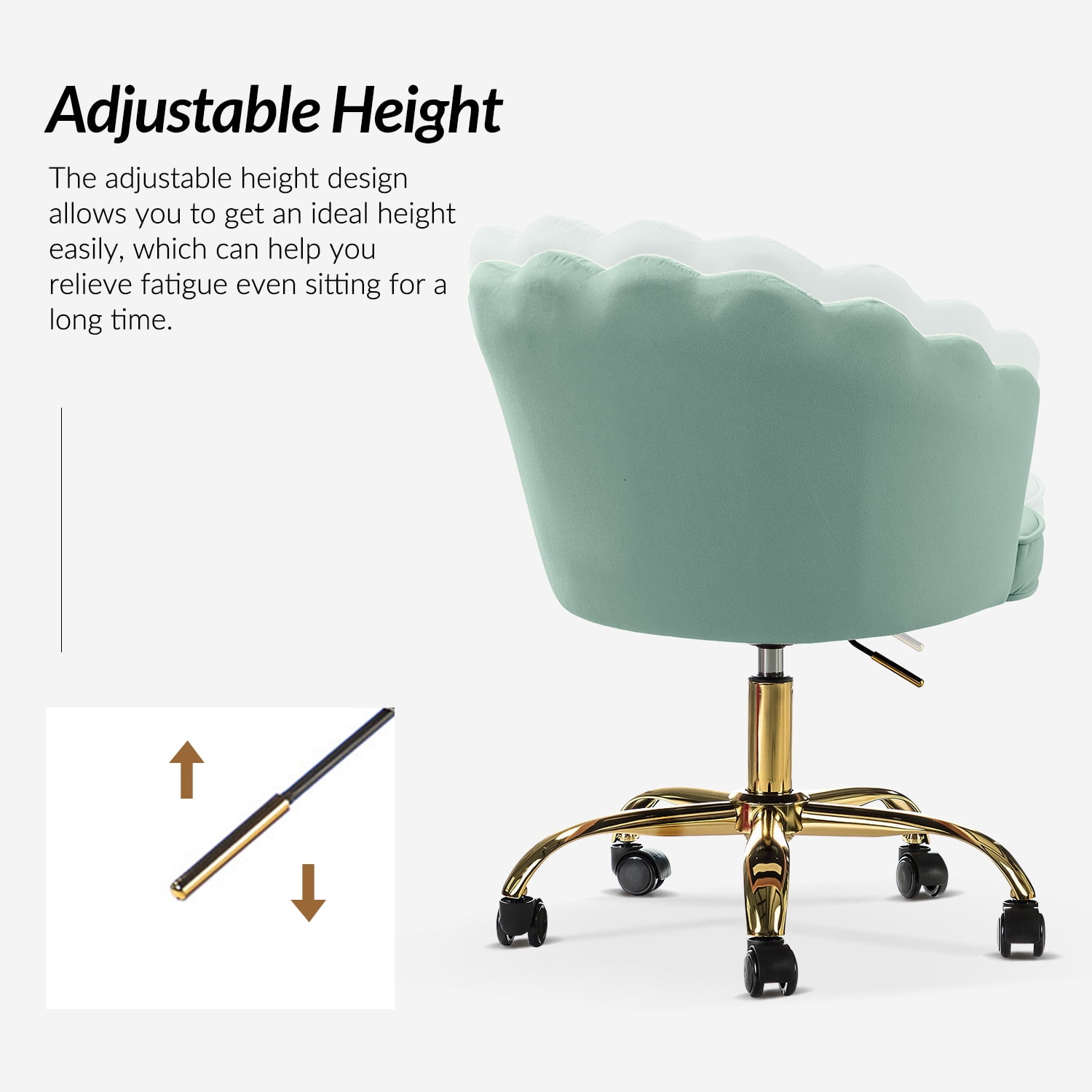 Vanity Makeup Desk Chair Velvet Shell Backrest Home Office Chair Upholstered Swivel Adjustable Gold Metal Base Bedroom Sage