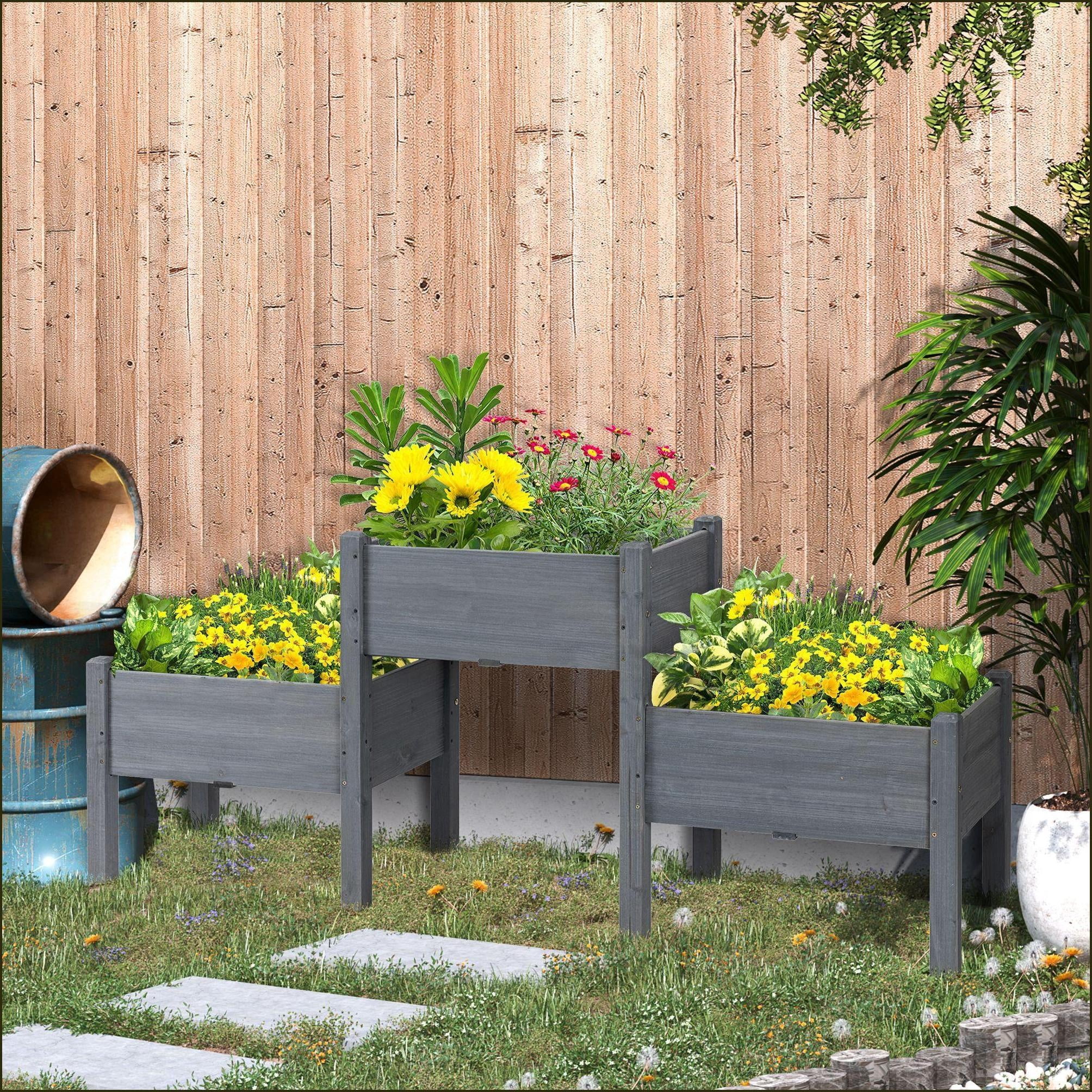 Raised Garden Bed, 3-Box Elevated Solid Wood Planter for Backyard Vegetables Herbs Flowers | Gray | Wood