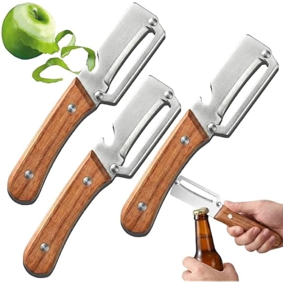 2-in-1 Multi-Functional Vegetable Peeler with Wooden Handle and Bottle Opener - Multifunctional Vegetable Peeler, Vegetable Peelers for Kitchen(3PCS) - Multi-Functional High-Efficiency
