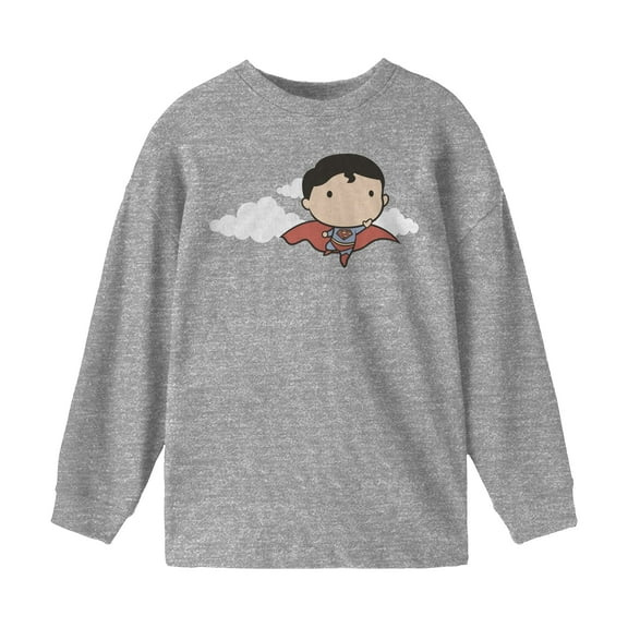 Superman Flying Chibi Superman Boy's Grey Long Sleeve Shirt-M