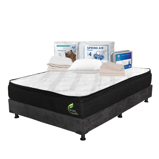 Colchón Matrimonial Restonic Enzo + Box + Almohada Osos + Protector de Colchón + Juego de Sábanas
