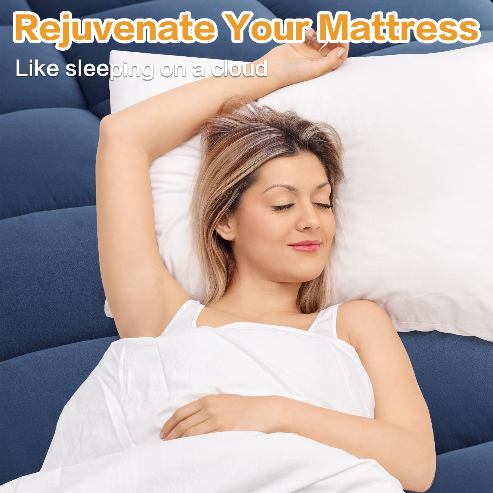 EMONIA 100% 400TC Mattress Topper Twin XL for Back Pain Relief,900GSM Pillow Top Mattress Pad, Cooling Mattress Cover with 8-21" Deep Elastic Pocket, ultra-soft Noiseless Washable (Dark Blue,TwinXL)
