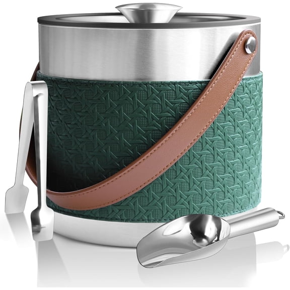Insulated Ice Bucket with Lid, Scoop, Ice Tongs & Detachable Double-Sided PU Cover– 4L Double-Wall Stainless Steel Ice Buckets for Parties, Cocktail Ba, Champagne & Bar Cart Accessories