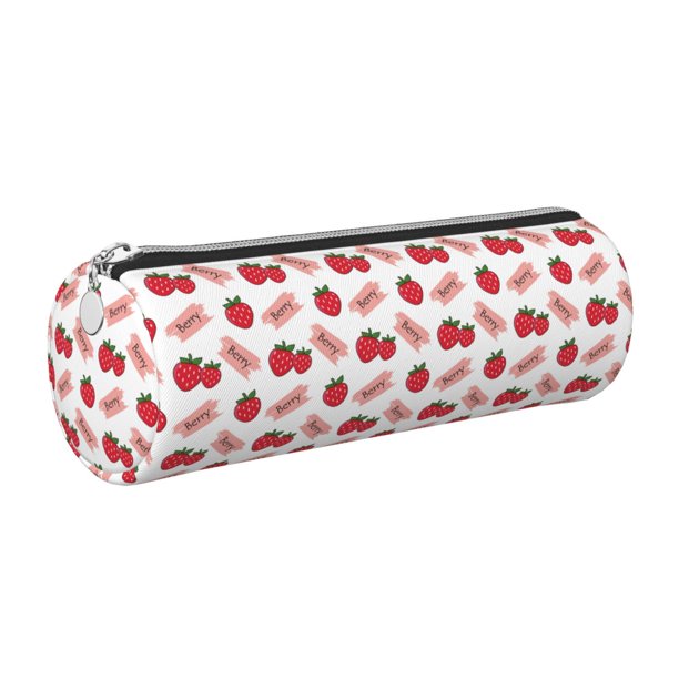 Easygdp Strawberry para Estuche de Lápices Cilíndrico de Cuero con Cremallera, Organizador de Lápices de Cuero para Escuela, Oficina y Viajes