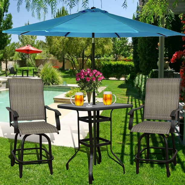 3pcs Patio 360 Swivel Bar Set All Weather Outdoor Furniture Height Bistro Chair Table With Umbrella Hole For Yard Backyard And Garden Com 3pcs Patio 360 Swivel Bar Set All, Outdoor Pub Set With Umbrella