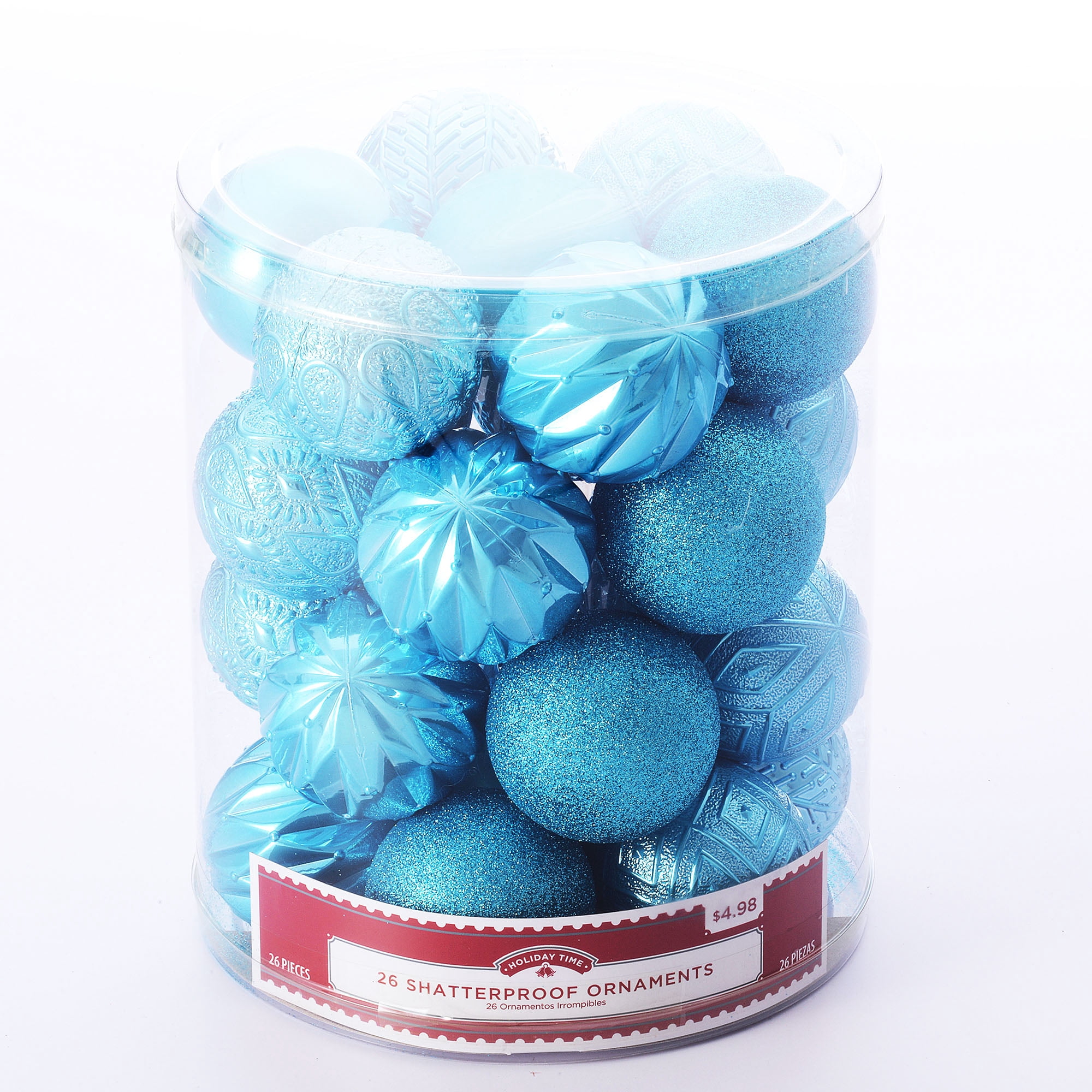 Holiday Time 60 mm Multi-textured Christmas Shatterproof Ornaments, Turquoise, 26 Count