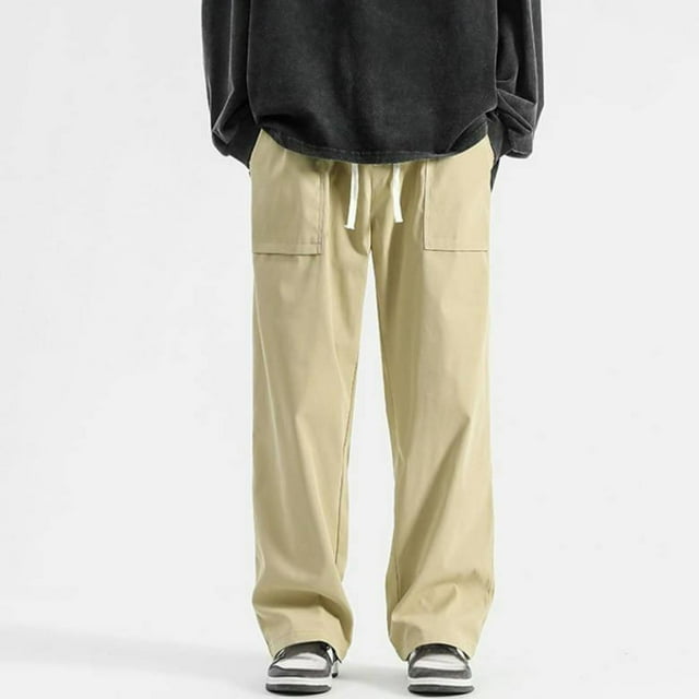 FcBaudy Full Length Pants Man Solid Color Workwear Corduroy Drawstring Pockets Trousers Man Polyester Trousers