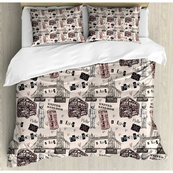 Modern Duvet Cover Set, London United Kingdom Island Print with City Signs Bus Bridge Artwork Print, Decorative Bedding Set with Pillow Shams, Black and Maroon, by Ambesonne
