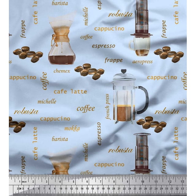 Soimoi Blue Cotton Poplin Fabric Text & Coffee Maker Kitchen Decor Fabric Printed Yard 56 Inch Wide