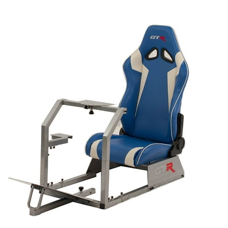 GTR Racing Simulator GTA-S-S105LBLWHT GTA 2017 Model Silver Frame with Blue White Real Racing Seat, Driving Simulator Cockpit Gaming Chair with Gear Shifter