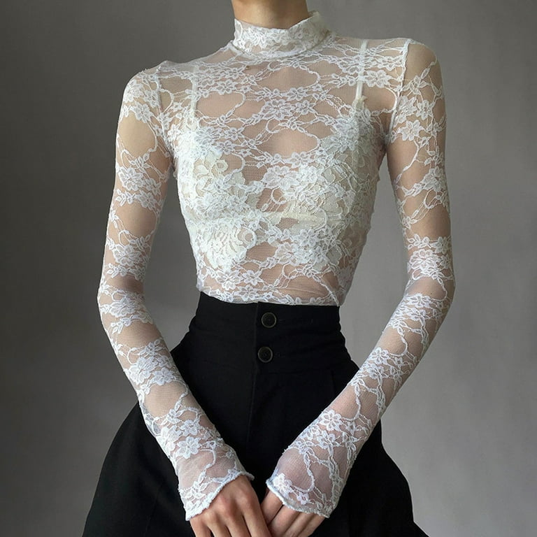 トップス Dot lace see-through top (high neck) Women-T-shirt-Long-Sleeve-