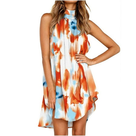 

YanHoo Women s Boho Beach Dresses Sleeveless Crew Neck Swing Dress Casual Summer Print Pleated Dress
