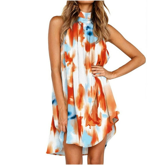 Women's Casual Halter Neck Sleeveless Floral Mini Dress Loose Summer Beach Party Dress Pleated Sundress